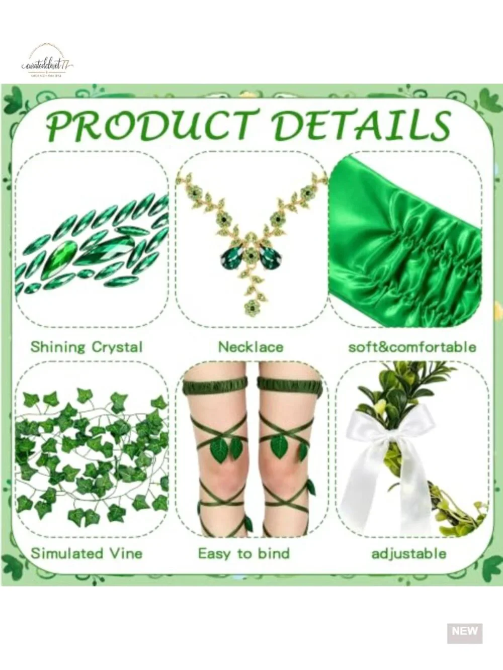 8 Pc Halloween Ivy Costume Accessory Set Green Leaf Crown Waist Cape Satin